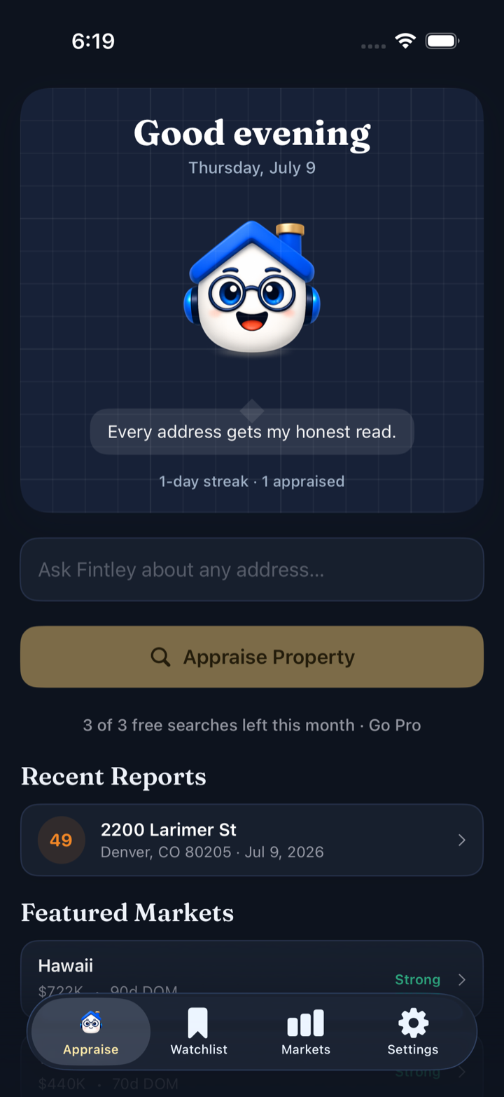 Fintley home dashboard showing property analysis and saved opportunities